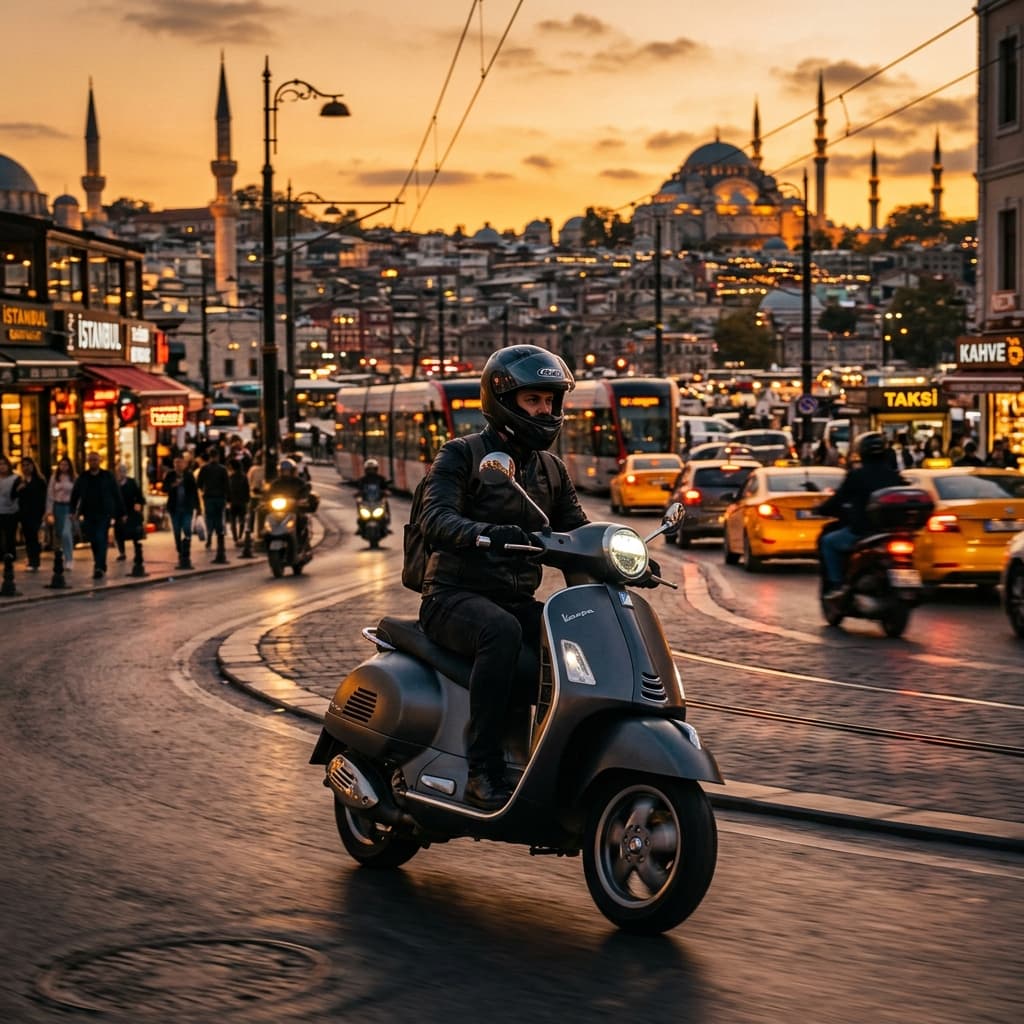 İstanbul trafiğinde scooter süren sürücü